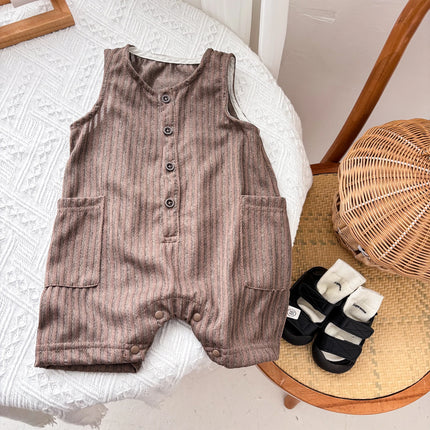 Summer Korean-style striped sleeveless jumpsuit for baby boys and girls, baby crew neck pocket jumpsuit, suitable for going out
