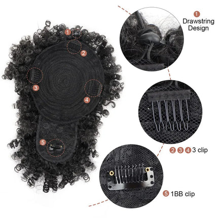 Afro Puff Kinky Curly Ponytail Wig with Bangs Drawstring Ponytail Per-Bundled Extension For Black Women Synthetic Hair ﻿