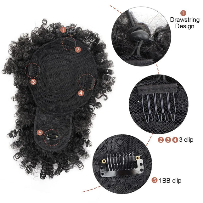 Afro Puff Kinky Curly Ponytail Wig with Bangs Drawstring Ponytail Pre-Bundled Extension For Black Women Synthetic Hair