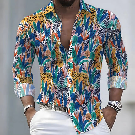 2026 New Hawaiian Style Coconut Tree Print Long-Sleeve Shirt, Stylish Print Men's Casual Vacation Loose Collar Hawaiian Shirt