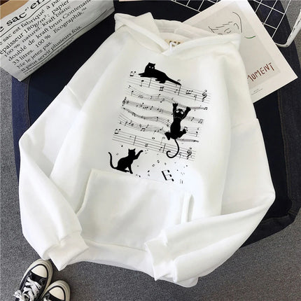 Kawaii Music Cat Design Printed kangaroo Pocket Hoodies Clothes Women's Casual Hooded Sweatshirts Graphic Gothic Y2k Streetwear