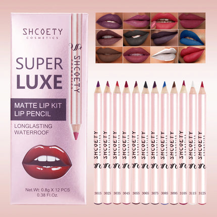Matte Lip Liner Pencil Set of 12 Nude &Brown Shades Highly Pigmented Smooth Velvet Finish Long-Lasting Waterproof & Smudge-Proof