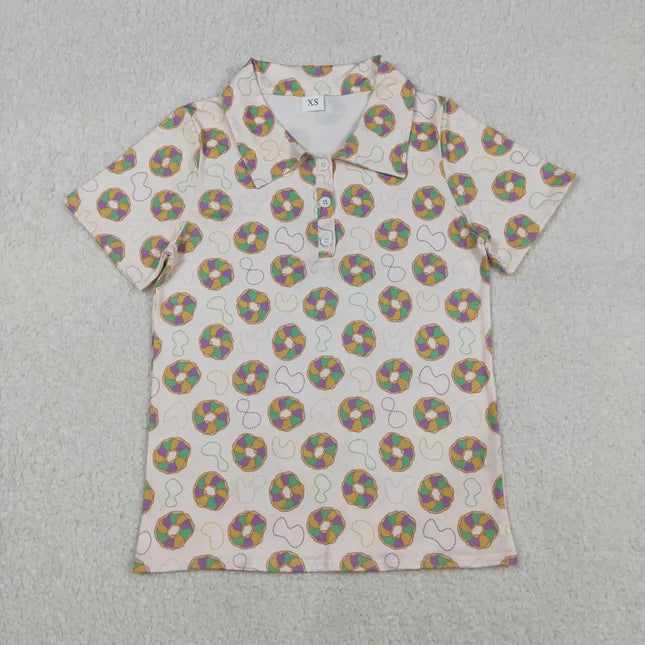 Adult Men's Mardi Gras Donuts Plaid Button Polo Shirt Purple Yellow Green Top Button-Up Casual Fashion Men's Clothing