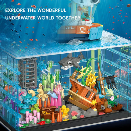 856PCS Diving Adventure Fish Tank with Lights Building Blocks Set, Creative Ornament, Educational Toy, Kids Birthday Gift