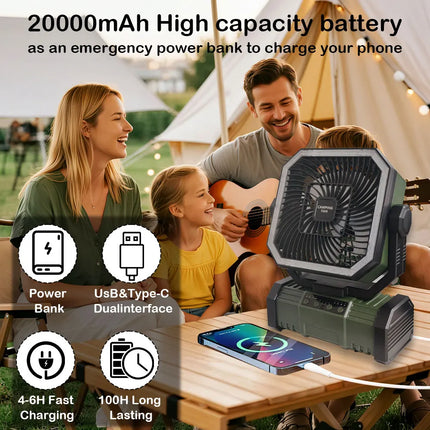 20000 mAh wireless battery-powered camping fan with LED light and remote control, 4 speeds, timer function, USB interface