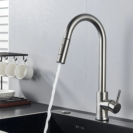 Brushed black rotating kitchen sink faucet, single hole, single handle, pull-out sprayer/mixer faucet