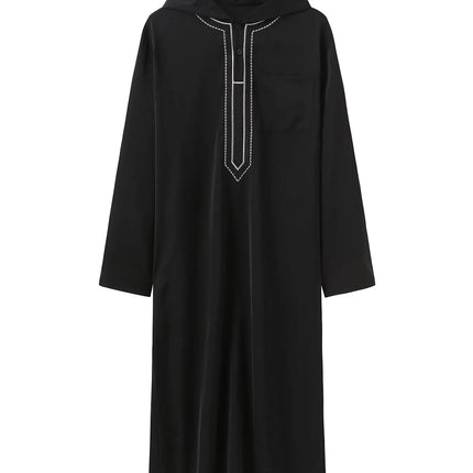 African Middle East Black Robe Men Round Neck Hooded Loose Casual Pullover Long Gown Ethnic Style Loungewear