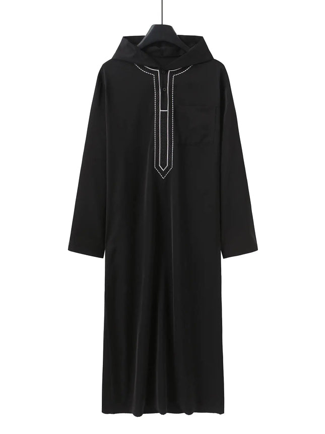 African Middle East Black Robe Men Round Neck Hooded Loose Casual Pullover Long Gown Ethnic Style Loungewear