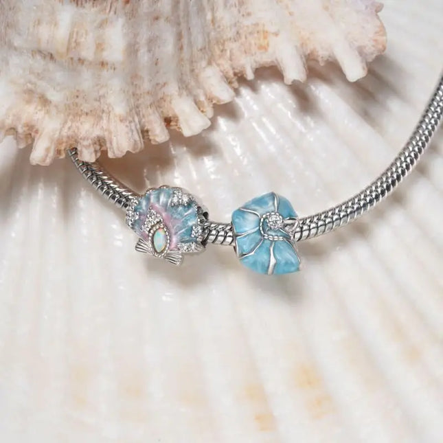 WOSTU 925 Sterling Silver Blue Conch Charm Ocean Bead Animal Turtle Starfish Pendant Fit Original Bracelet Necklace DIY Jewelry