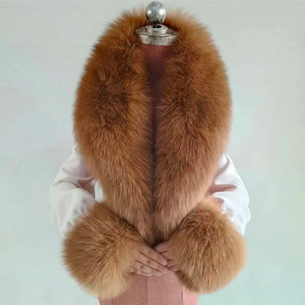 Winter Natural Fox Fur Scarf And Cuff Set Women Jacket Fur Collar Authentic Neck Warm Scarves Luxury Fluffy Fox Fur Shawl