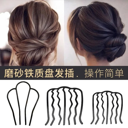 Hair Stick Alloy Bun Maker for Thick Hair Women 4-Prong U-Shape Quick Updo Tool Non-Slip Vintage Hairpin Boho Bridal Accessories