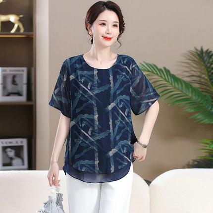 Women's Summer Plus Size Chiffon Blouse T-shirt Retro Patterns Lapel Half Sleeved Tops Women's 2024 New Clothing