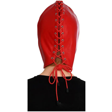 Leather Mask Full Face Double Layer Headgear Zip Head Hood Adjustable Lace-up Leather Bondage Masks Halloween Cosplay Party Mask