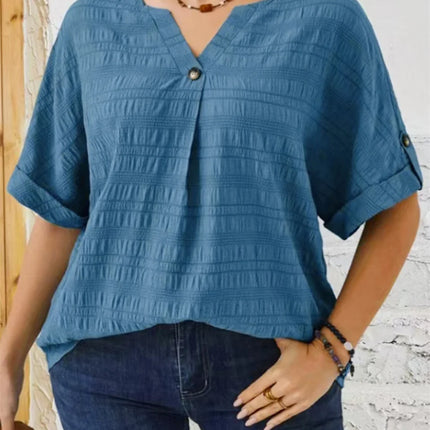 GIBSIE Plus Size Solid Button Detail Notch Neck Blouse Women Fashion 2025 New Summer Half Sleeve Casual Loose Blouses Tops