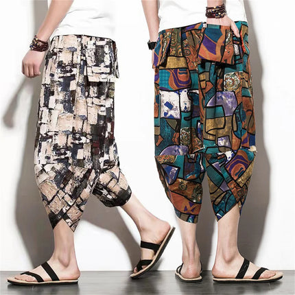 Harajuku Summer Loose Calf Length Casual Pants Men Wide Leg Cotton Linen Printing Baggy Pants Oversize Men's Trousers