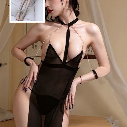 Sexy Teasing Strapless See-through Backless Chemise Nightgown Set No-Need-to-Remove Hanging Neck Style Pleasure Underwear
