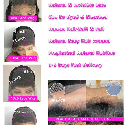 30 40 Inch 13x4 13x6 Straight Lace Frontal Wigs 360 Front Human Hair Wig 4x4 5X5 Closure Wig Pre Plucked For Women 250 Density