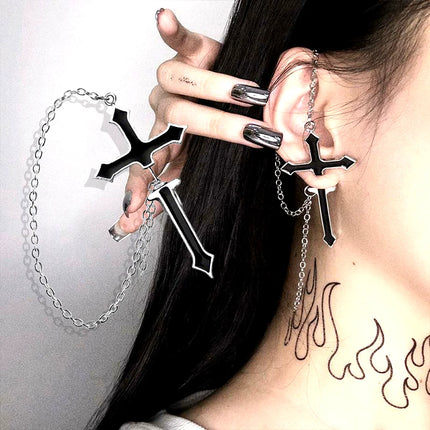 Vintage Black Big Cross Paired Tassel Earrings For Women Party Jewelry Punk Trendy Gothic Metal Ring Earring Gifts
