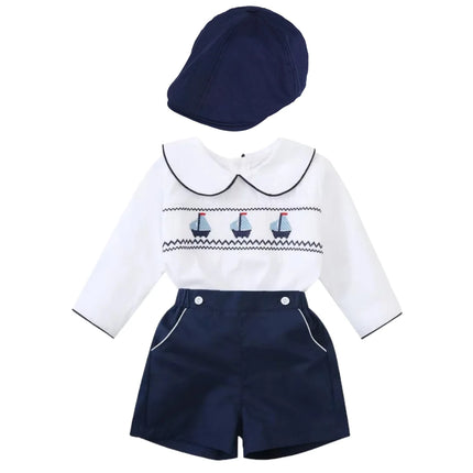 Long Sleeve Boys Fashion Set 9-36 Months Infant Smocked Shirt with Peter Pan Collar Baby Daily Gentleman Outfit Soft Cotton Suit