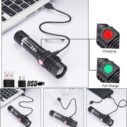 Ultra Bright LED Flashlight Rechargeable Aluminum Alloy Lamp with Clip Portable T6 Tactical Torch Outdoor Camping Hiking Cycling