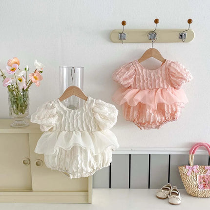 Children's Summer New Bubble Sleeve Short Sleeved Jumpsuit, Baby Children's Sweet Tulip Backless Lace Clothing