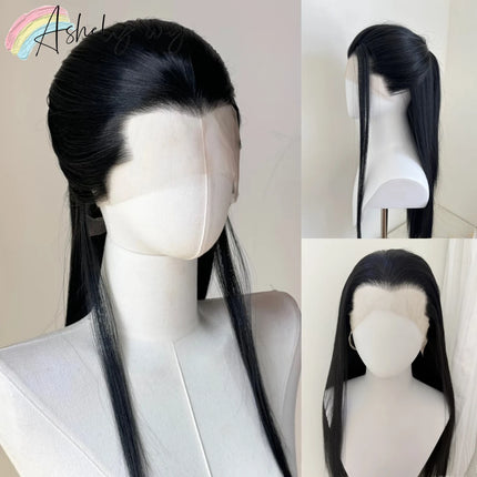 Ashely Widow's Peak Wig Black Lace Front Wig 26inch 13*4 Synthetic Lace Wigs Straight Hair Heat-resistant Fibers Cosplay Wigs