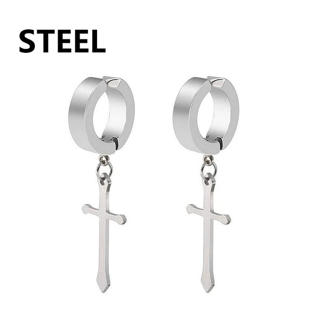 1 Pair Punk Stainless Steel Cross Stars Pendant Ear Clip No Piercing Earrings For Women Hiphop Fashion No ear hole Men Jewelry
