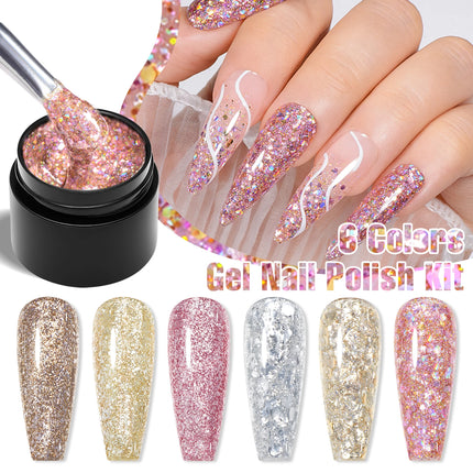 7PCS/SET Glitter Nail Polish,Sparkly Shiny UV LED Soak Off 6Colors Gel Polish Kit Home DIY Manicure Nail Salon Varnish With Tool