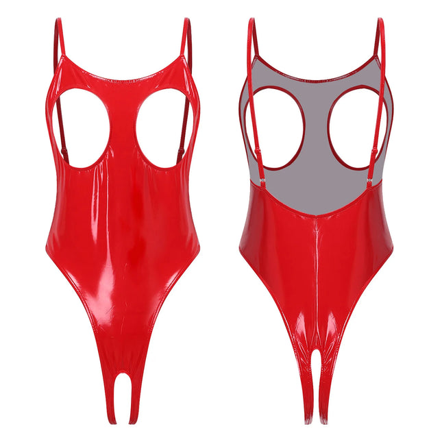 Womens Sexy PU Leather One Piece Lingerie Bodysuit Wet Look Hollow Out Open Cup Crotchless High Cut Leotard Catsuit Nightwear