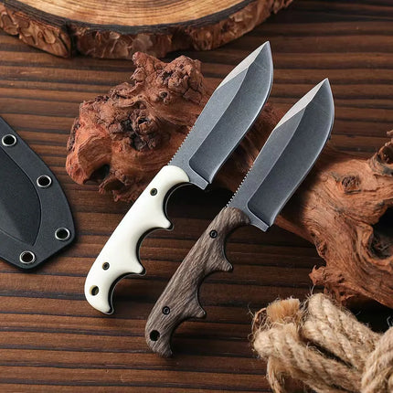 New outdoor small straight knife, stone washed blade camping edc survival knife, white/wood grain handle + k sheath tool.