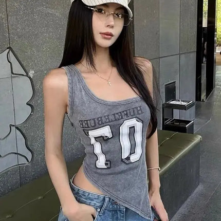 American High Street Hot Girl Slanted Collar Off-Shoulder Irregular Letter Print Camisole Vest Women's Retro Slit Top Y2K 2000s