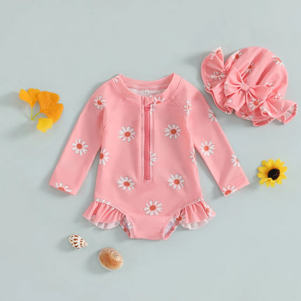 Baby Girls Swimsuit, Long Sleeve Flower Print Zipped Bikini with Hat Newborn Swimwear for Summer Bathing