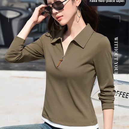 False Two-piece Design Polo Collar Shirt Women's Long Sleeve Cotton T-Shirt Solid Color Business Casual Blend Top Fashion Style
