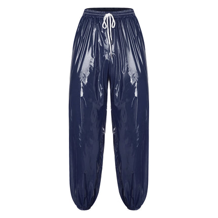 Mens Shiny Y2K Drawstring Jogging Pants Waterproof Elastic Waistband Side Pockets Track Baggy Glossy Pants Hip Hop Trousers