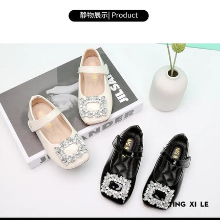 Baby Girls Leather Shoes for Party Wedding Kids Black Mary Janes with Rhinestone Buckle Princess Sweet Chic Children's Flats New