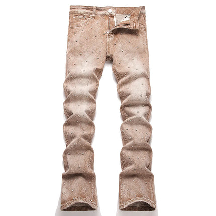 Men's Crystal Rhinestone Stretch Boot Cut Denim Jeans Punk Rivet Slim Flared Trousers Fashion Stretchy Pants
