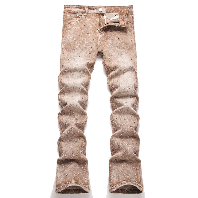 Men's Crystal Rhinestone Stretch Boot Cut Denim Jeans Punk Rivet Slim Flared Trousers Fashion Stretchy Pants