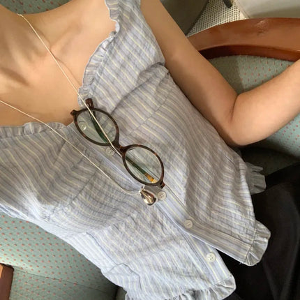 Korean Sle ort Striped Vest Women Summer Outerwear Subtle Design Single Button Lobone Trendy Age-Defng Top