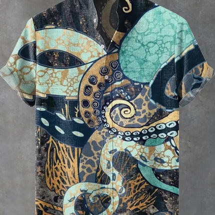 New Men's Casual Short Sleeved Lapel Shirt with 3D Cat Print Fashion Pattern and Comfortable Shirt Top