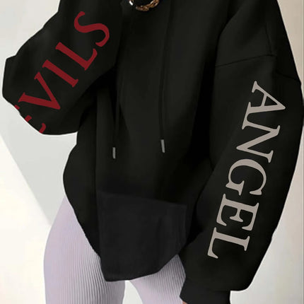 Women's Plus-size Hooded Sweatshirt Gothic Angel and Demon Pattern Autumn and Winter Fleece Streetwear Oversized Loose Casual