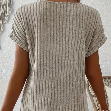 Spring/summer new solid color ribbed top V-neck button decorated elegant T-shirt ladies S-2XL