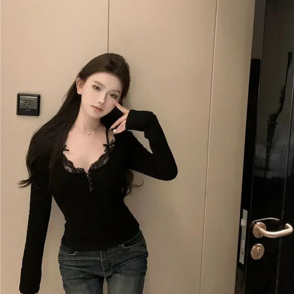 Autumn Sweet Lace Stitching V-neck Skinny Top Pink Coquette Aesthetic Slim-fit Long Sleeve T-shirts Cute Casual Tees Women Goth