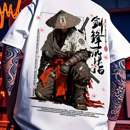 Summer Men's Japanese-style Ink-wash Samurai Pattern Casual Sports Street Style Trendy Short-sleeved T-shirt Soft Breathable
