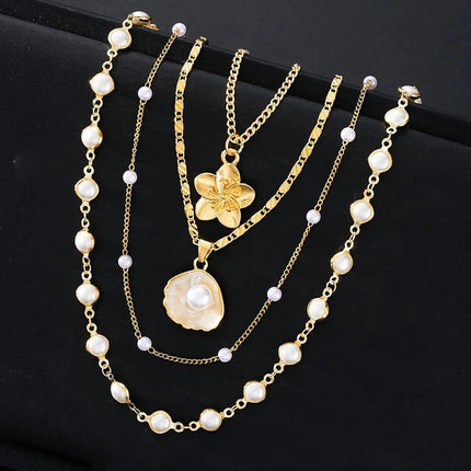 European and American Personalized New Flower Pendant Pearl Stacked Necklace Fashionable Retro French Long Sweater Chain
