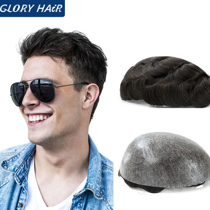 0.12-0.14mm Injected Thin Skin 130%Density Man Hair Prosthesis Human Hair Male Toupee Wig Adult Capillary Prosthesis Hair System