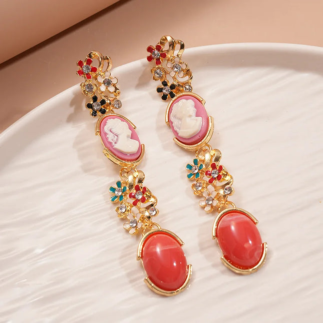 Colorful Flowers Portrait Resin Bracelets Dedicate Palace Style Vintage Rhinestones Chokers Necklaces Oval Pendant Earrings B