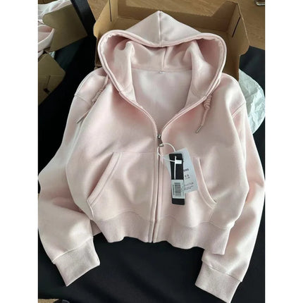 Short Hooded Zip Up Sweatshirt Jacket Women Casual Open Front Top