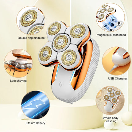 Five-Blade Head  Women's Gold Electric Hair Removal Device with Floating USB Rechargeable Portable Wet & Dry Razors