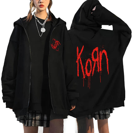Korn Rock Hoodies WORLD TOUR Zipper Sweatshirts Korn Rock Metal Zip Up Jackets Fleece Oversized Jackets Coats Hip Hop Streetwear