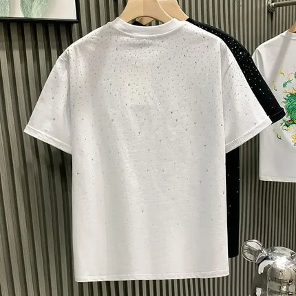 Summer Rhinestone Rivet T-shirt for Men Clothing Round Neck Casual T-shirt Fashion High Street 2025 Men's Summer Short Sleeves